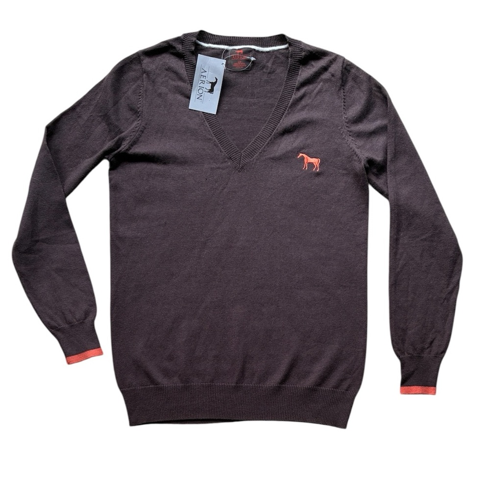 Aerion NWT Women’s Chocolate Brown V-Neck Horse Sweater Size Small NEW